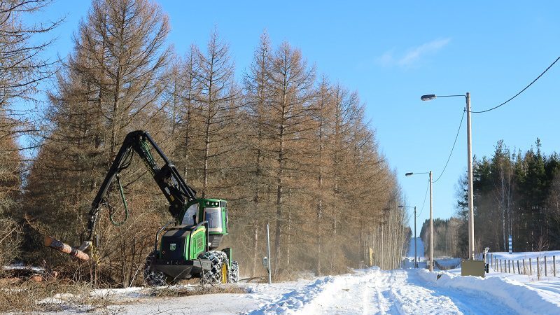 Logging tractor with log in grip in winter landscape.