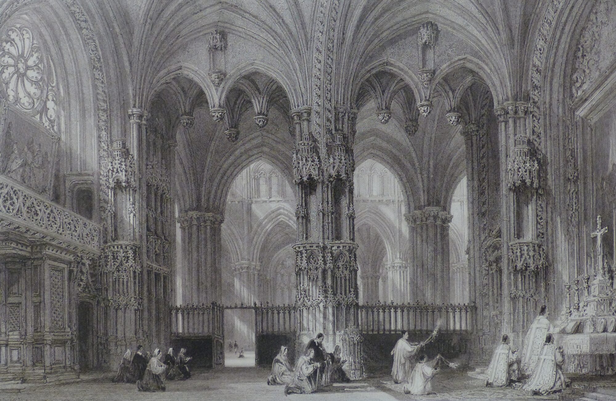 "La chapelle des Bourbons au XIXe siècle" (unknown date) an engraving by Ebenezer Challis (1806-1881) based on a drawing by Thomas Allom (1804-1872), currently located in a private collection. The chapel is a part of the Cathedral of St. John the Baptist in Lyon.