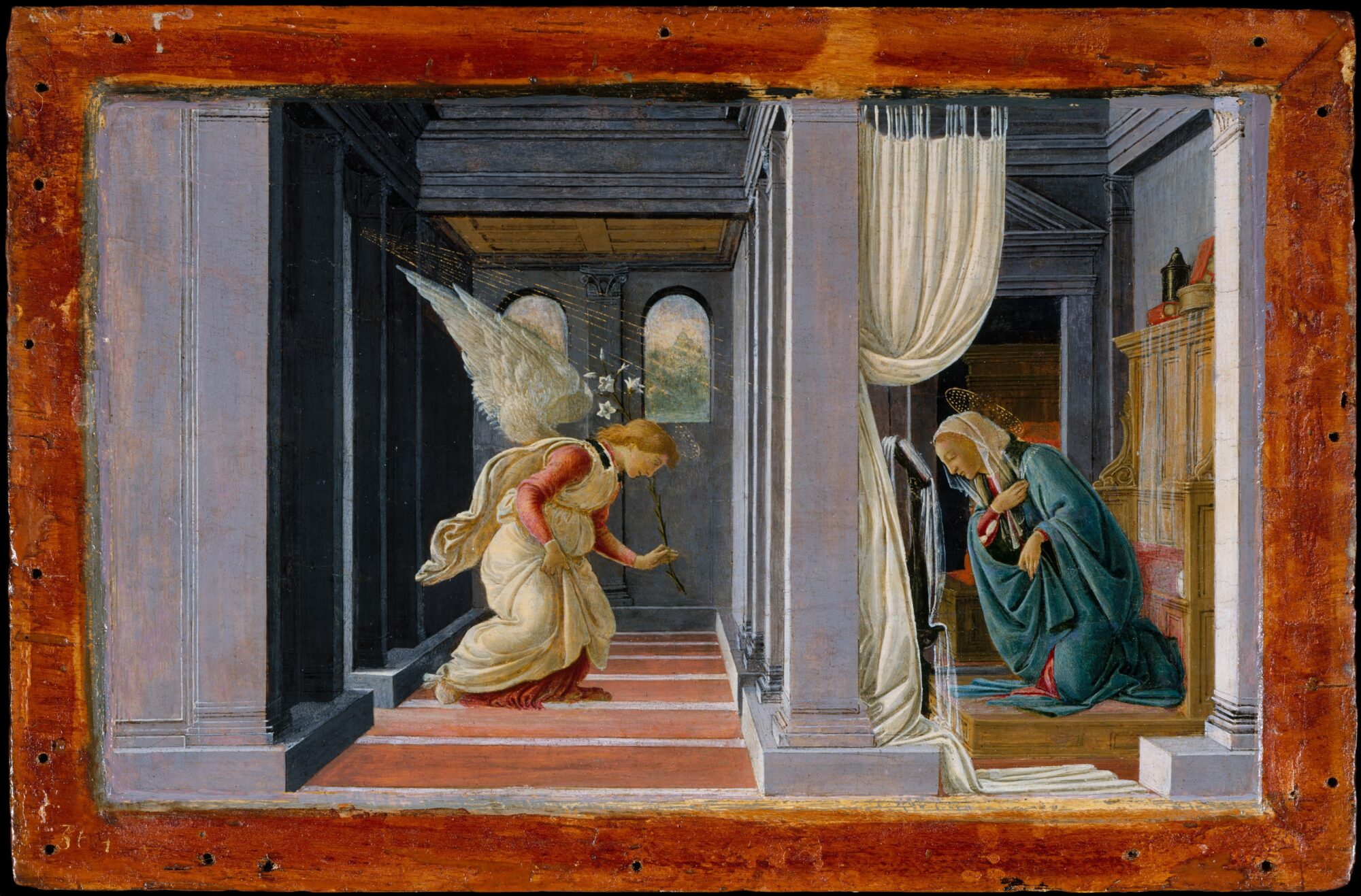 “The Annunciation” (1485-1492), a 19.1 x 31.4 cm tempera and gold on wood painting by Botticelli (1444/45–1510), located in the Metropolitan Museum of Art, New York. In traditional portrayals of the Annunciation, Mary is represented as meditating on Sacred Scripture, as she is here.
