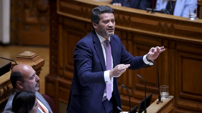 CHEGA leader André Ventura speaks during a debate in the Portuguese parliament in Lisbon on April 11, 2024.