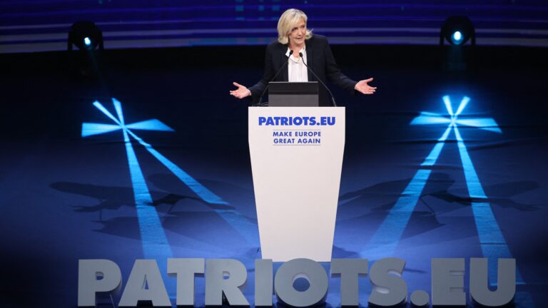 RN President Marine Le Pen speaks at the Madrid Patriots for Europe summit on February 8, 2025