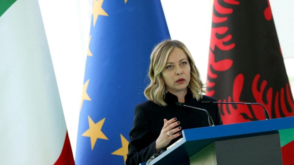 Giorgia Meloni speaks at a press conference with Albania's Prime Minister (not seen) as part of her visit to an Italian-run migrant centre at the port of Shengjin, some 60 kms northwest of Tirana, on June 5, 2024.
