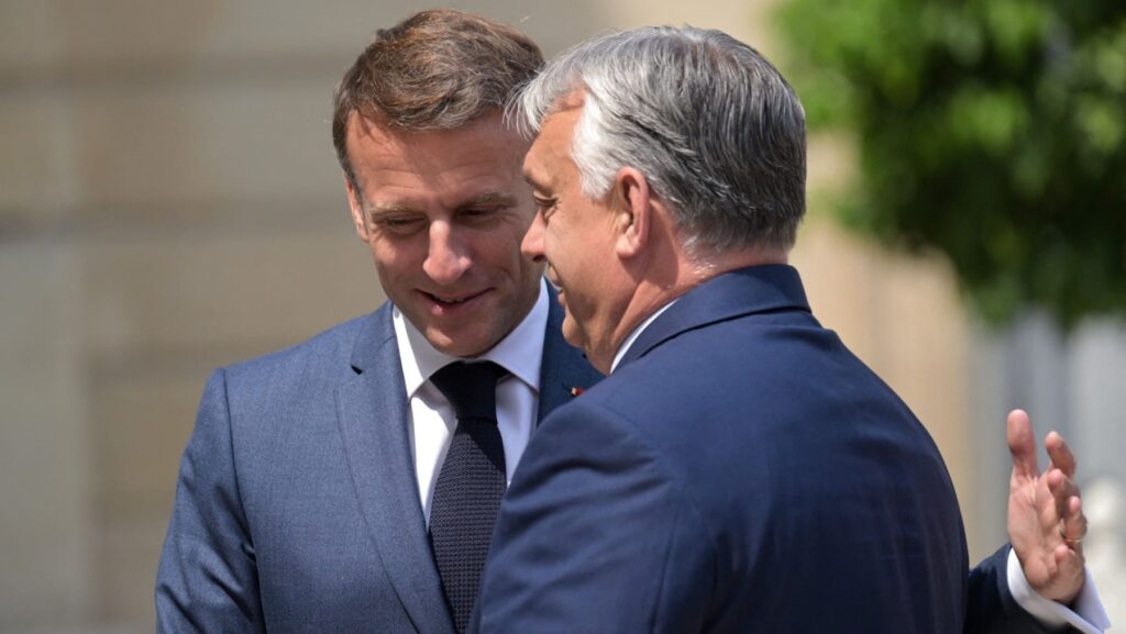 Macron looking happy patting Orban on the back