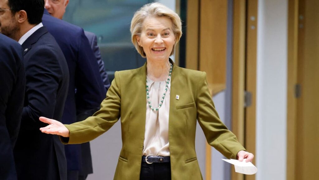 President of the European Commission Ursula von der Leyen reacts prior to the start of a European Union Summit at the Europa Building Forum, in Brussels on March 20, 2025.