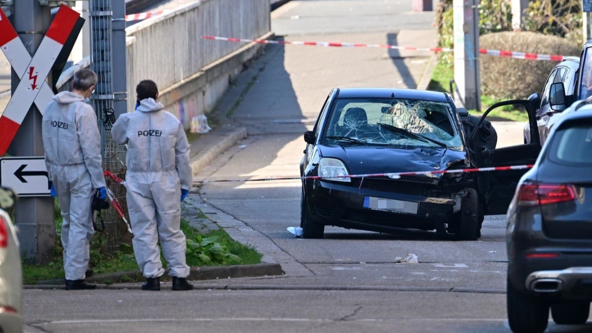 Forensic police inspect the scene of the car ramming attack in Mannheim on March 3, 2025.