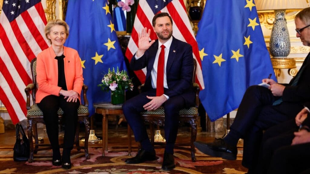 U.S. Vice President JD Vance (R) and President of the European Commission Ursula von der Leyen during a bilateral meeting held at the Chief of Mission's residence at the U.S. embassy in Paris on February 11, 2025. 
