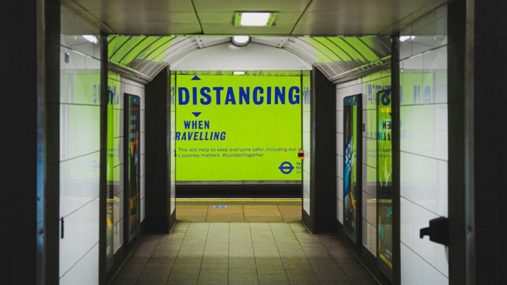 A social distancing poster on the London Underground