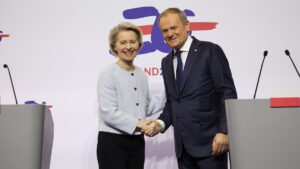 EU Commission President Ursula von der Leyen and Polish PM Donald Tusk. 