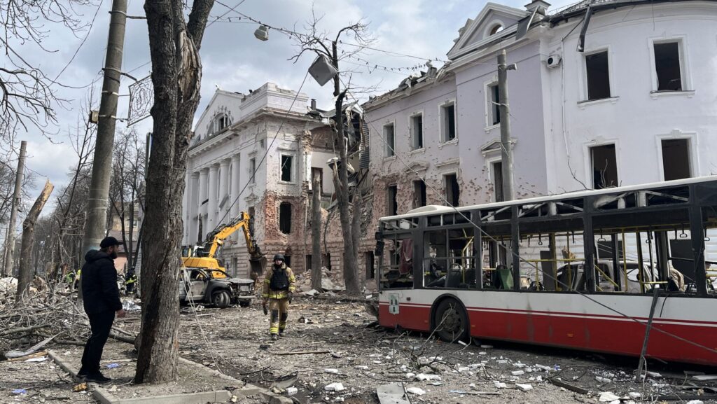 The site of the missile attack in Sumy, northeastern Ukraine, on April 13, 2025
