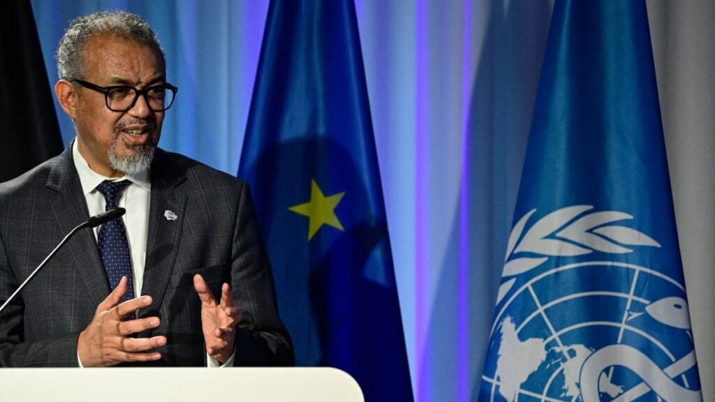 World Health Organization (WHO) Director-General Tedros Adhanom Ghebreyesus delivers a speech at the World Health Organization (WHO) HUB during the 'Global Health in Transition 2025' event in Berlin on April 2, 2025.