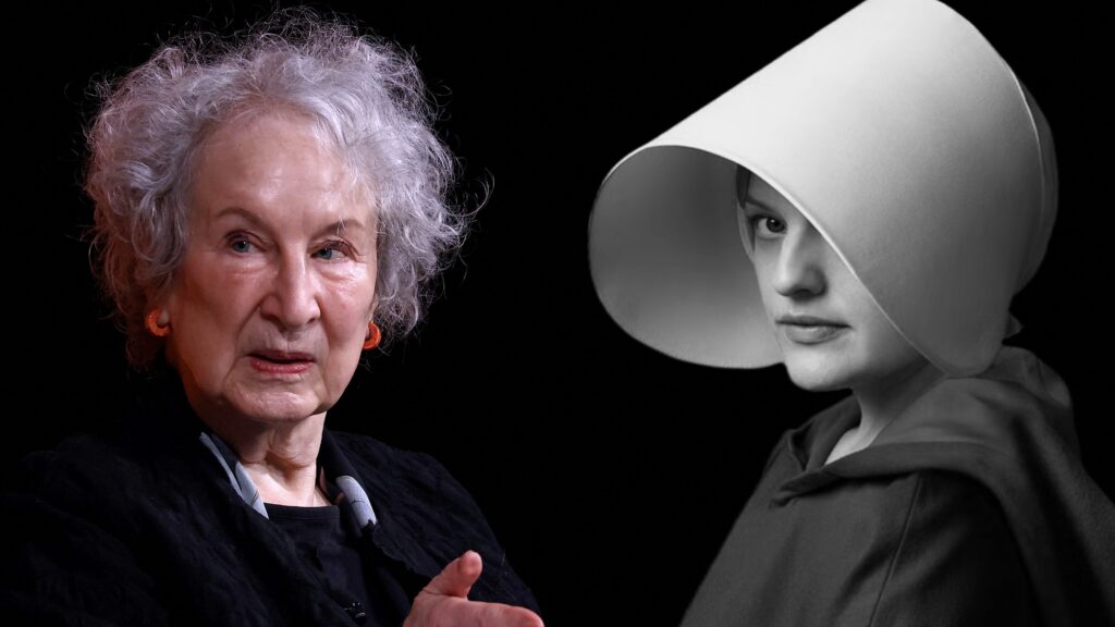Composite: Margaret Atwood and image from the movie The Handmaid's Tale of woman in white cap and dark cloak