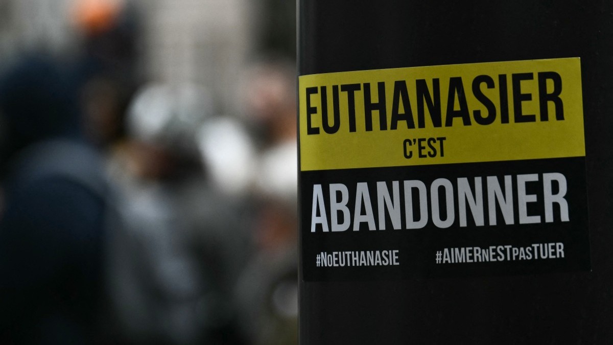 A sticker reading "To euthanise is to abandon"seen in Paris on January 19, 2025.