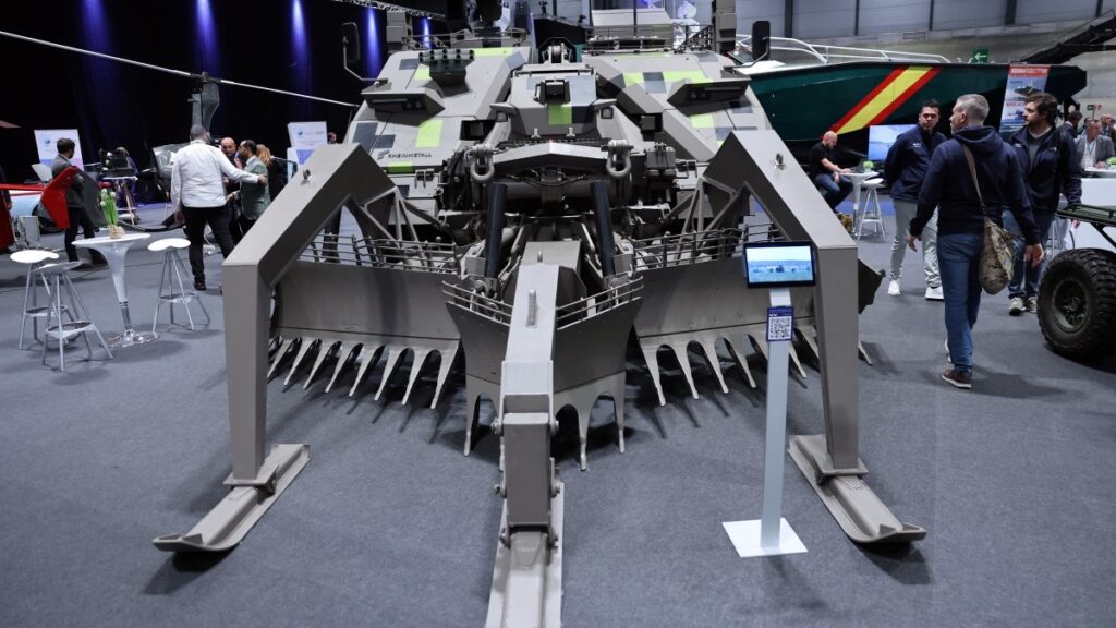 An armoured breaching vehicle Keiler NG manufactured by German Rheinmetall displayed during the International Defence and Security Fair (FEINDEF) in Madrid on May 12, 2025.