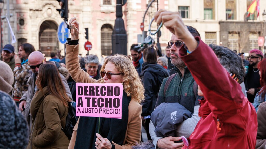 A protest in Madrid demanding affordable housing on February 9, 2025