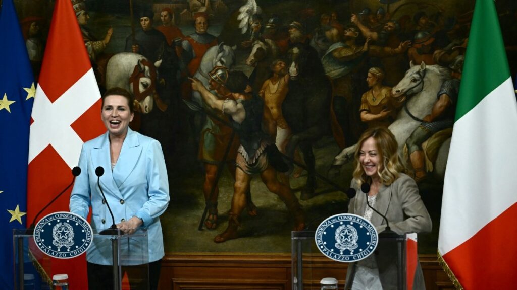 Giorgia Meloni and Mette Frederiksen hold a press conference in the Palazzo Chigi in Rome on May 22, 2025.