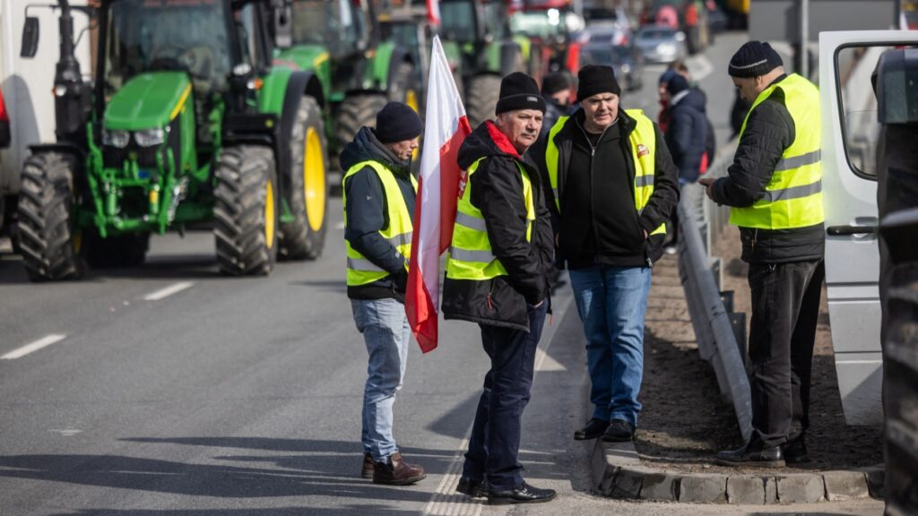 Polish farmers protest against cheap Ukrainian imports on March 20, 2024 near Warsaw.
