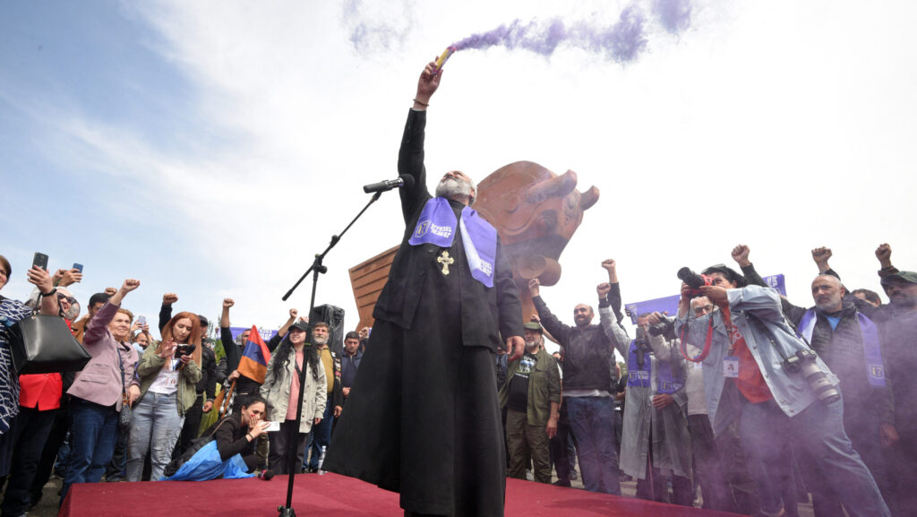 Archbishop Bagrat Galstanyan at a 2024 protest demanding the resignation of prime minister Nikol Pashinyan