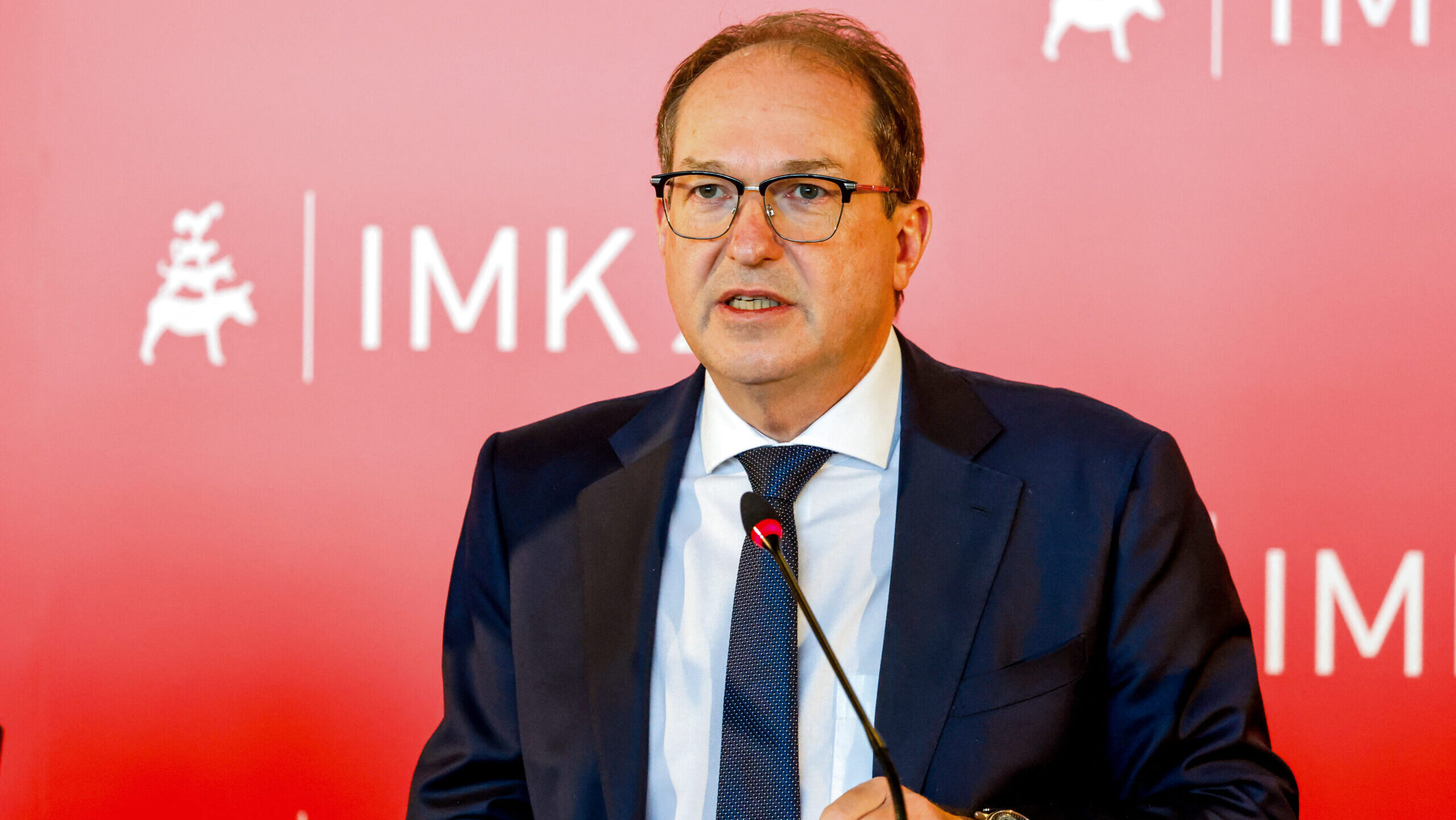 German Interior Minister Alexander Dobrindt speaks during a press conference at the Conference of Interior Ministers and Senators of the German Federal States (Innenministerkonferenz IMK) in Bremerhaven, northwestern Germany, on June 13, 2025.