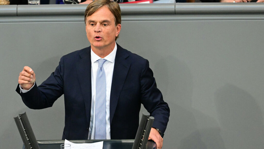 The parliamentary managing director of Germany's AfD party Bernd Baumann delivers a speech in the Bundestag (lower house of parliament) in Berlin on May 6, 2025.
