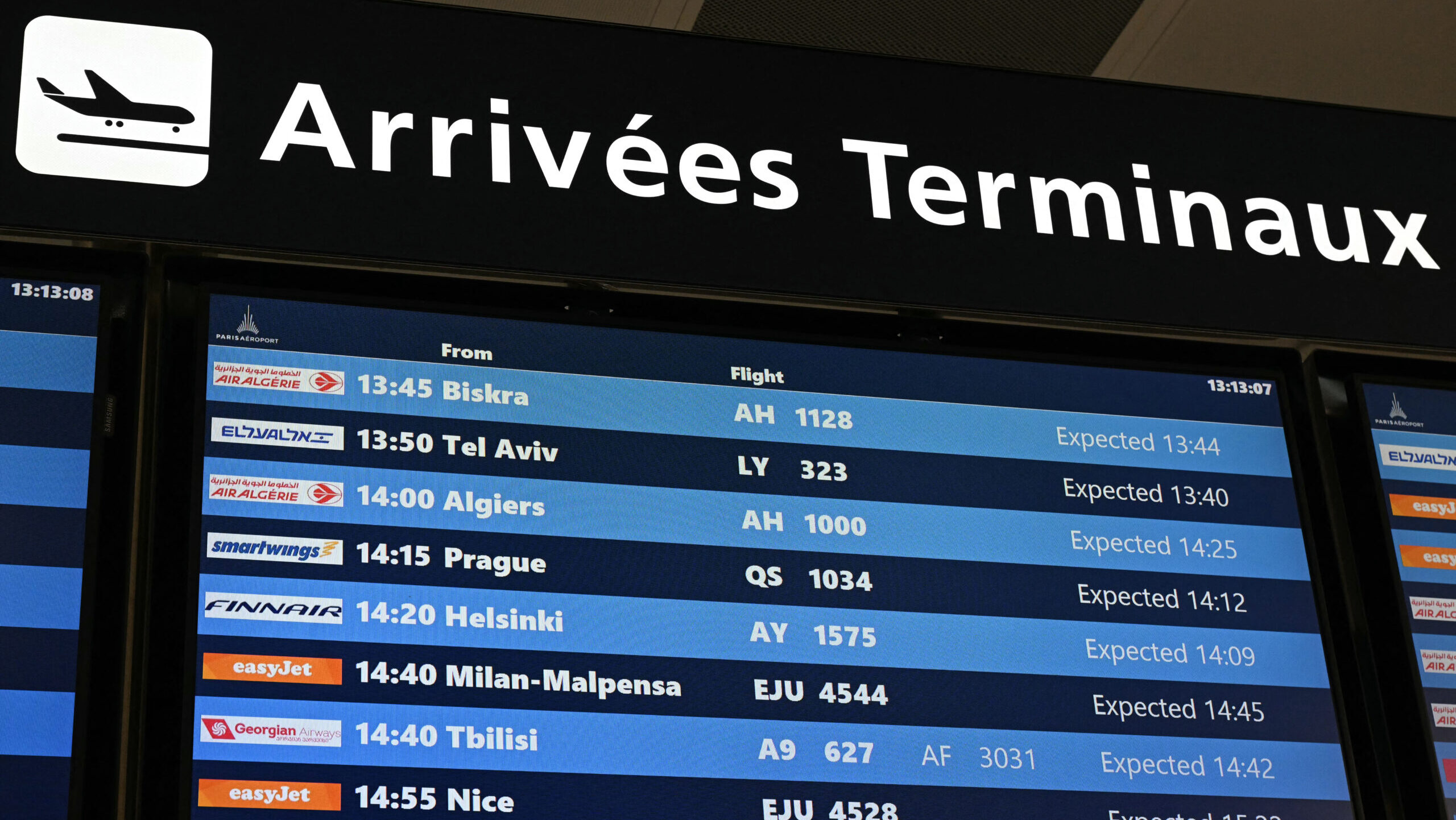 Flight board on French airport showing arriving flight from Tel Aviv (with Greta Thunberg on board)