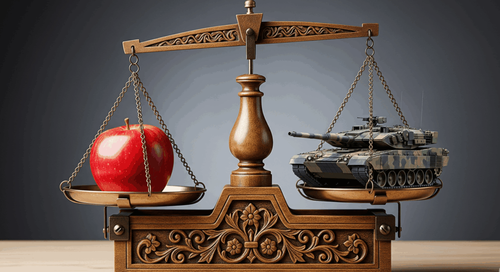 scale with apple in one basket and a military tank in the other