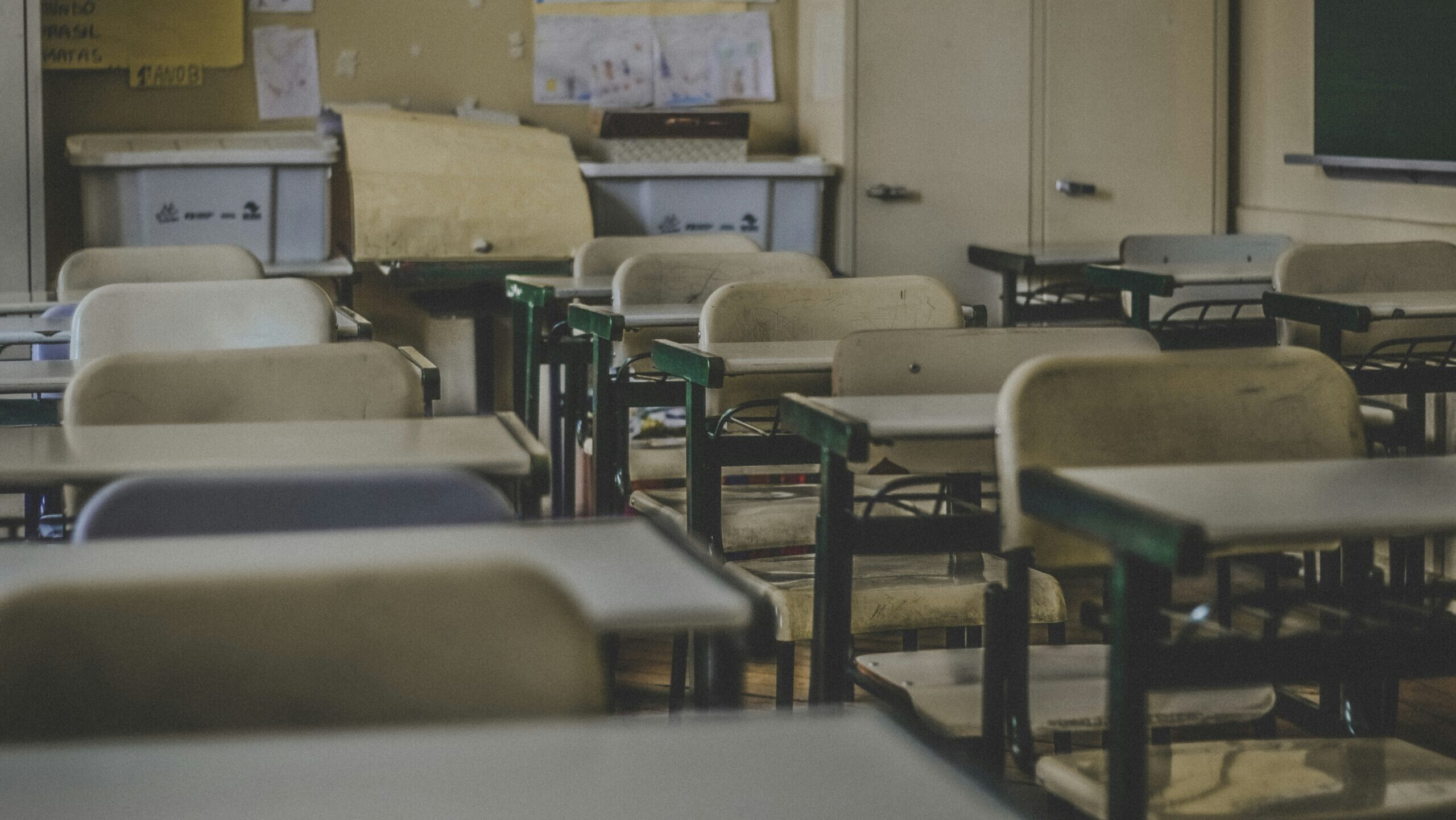 School room tables and chairs, worn out and dirty