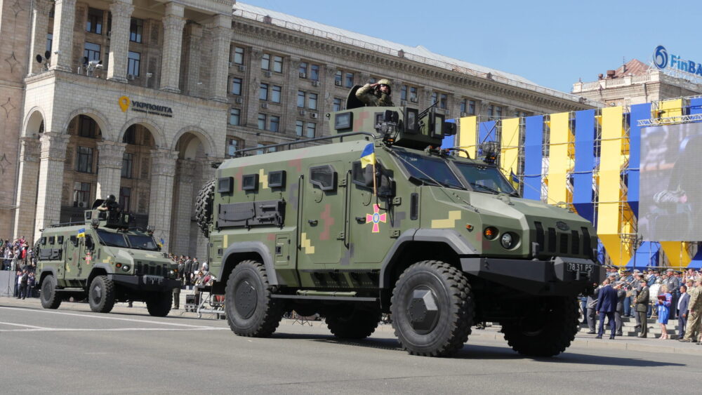 A guard during the military parade on Khreshchatyk, the main street of Kyiv, held in 2018 to mark the 27th anniversary of Ukraine's independence.
