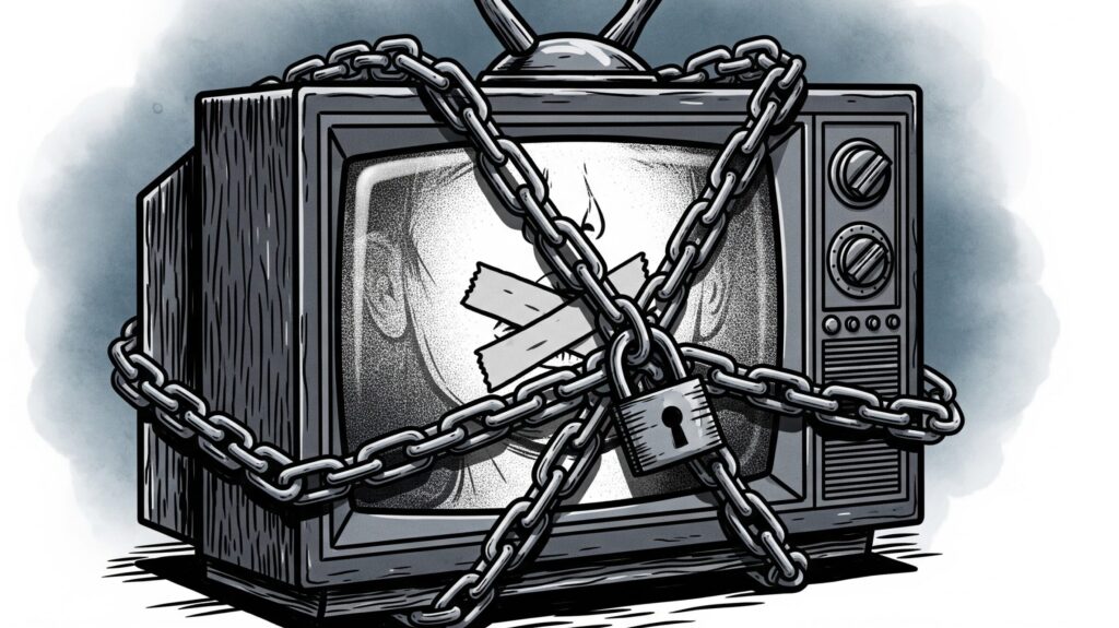 TV wrapped in chains with image of gagged face and