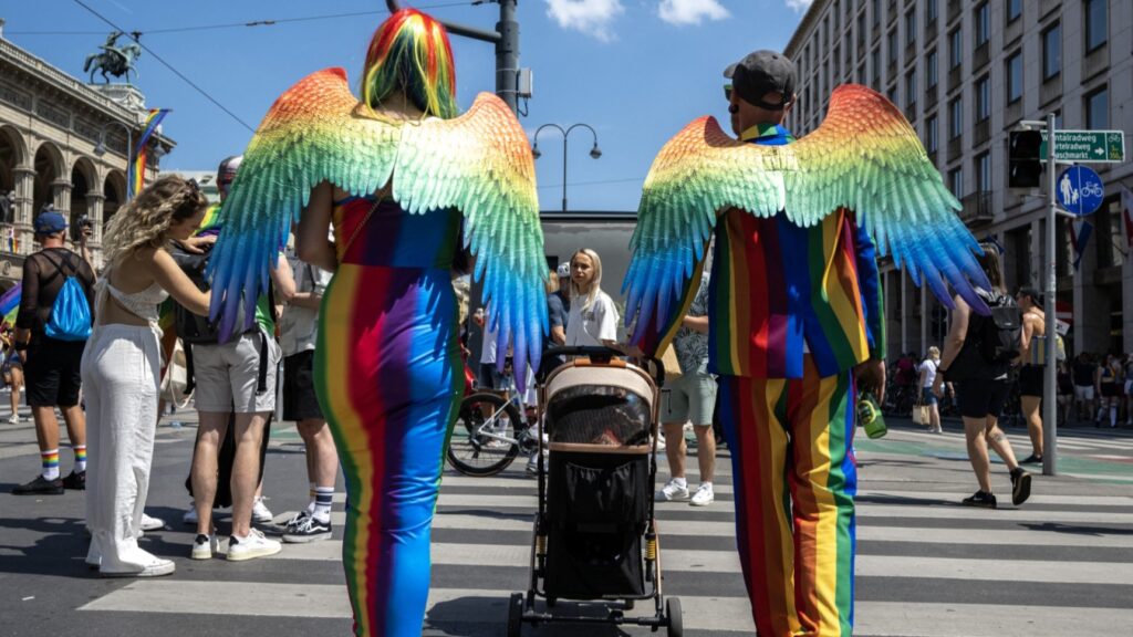 Participants of the Rainbow Pride parade, part of the Vienna Pride festival in Vienna on June 8, 2024.
