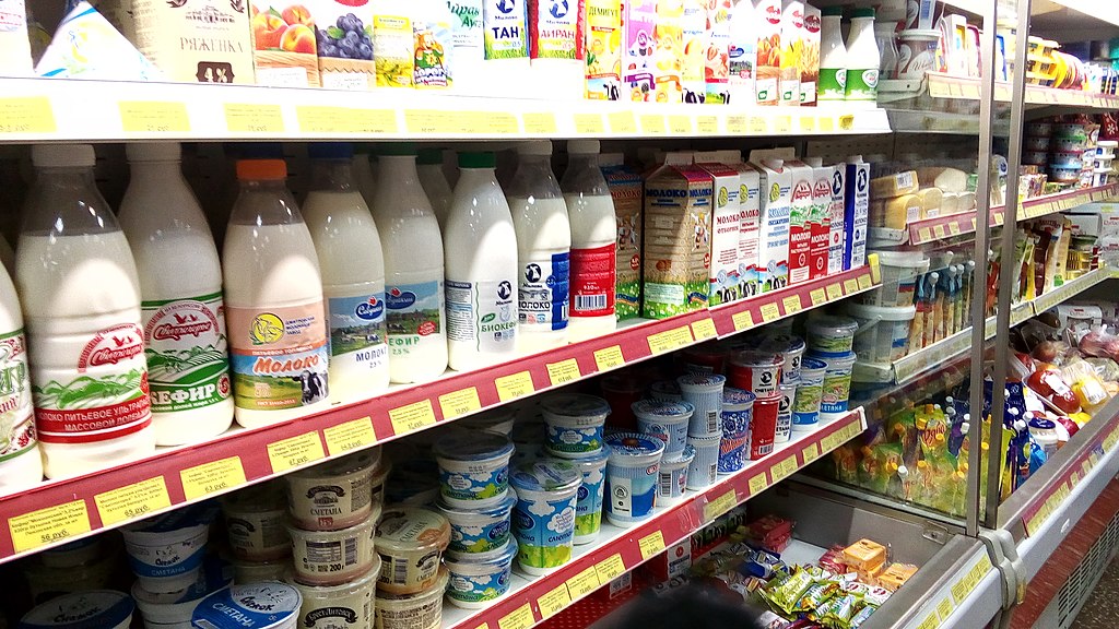 Filled shelves in Russian grocery store