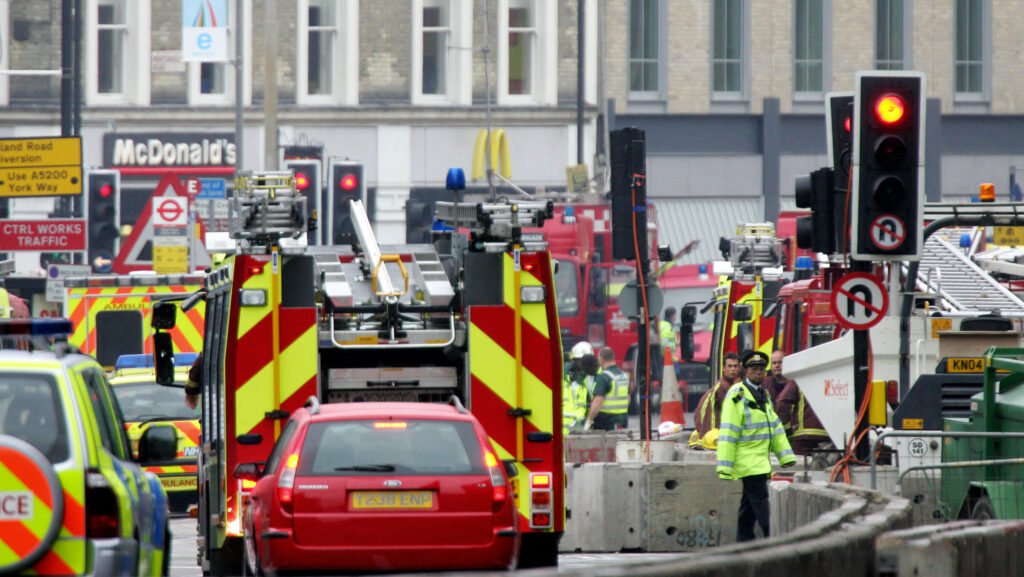 Emergency services surround Kings Cross station after the terrorist attack in London on 7 July 2005.