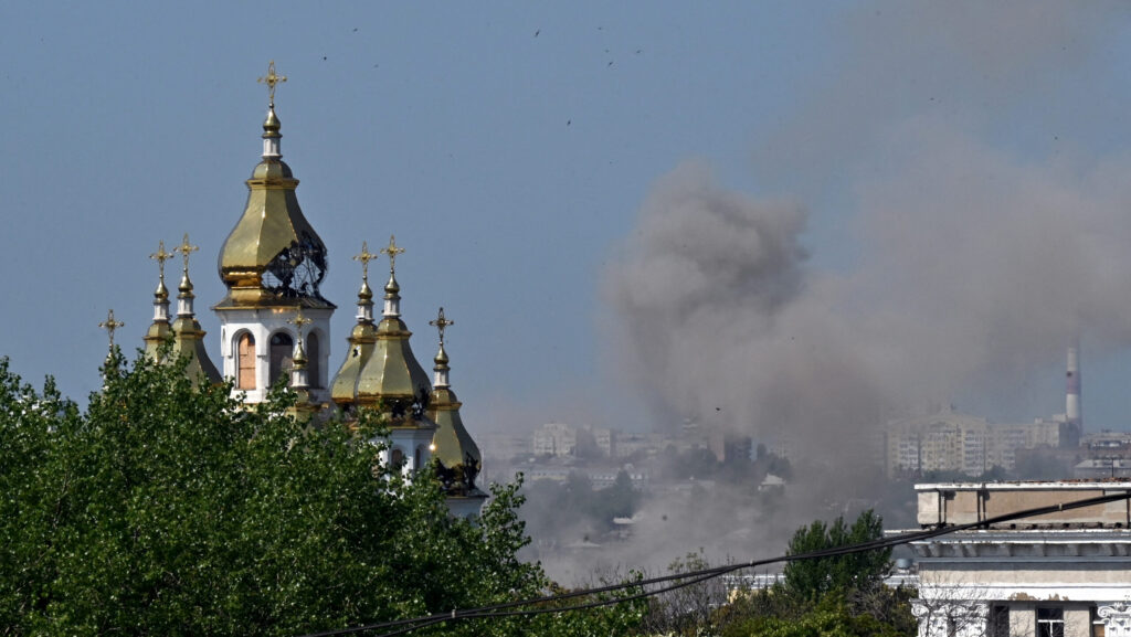 Smoke clouds rise near the Holy Myrrh-Bearing Women Church after a drone attack in Kharkiv on July 7, 2025