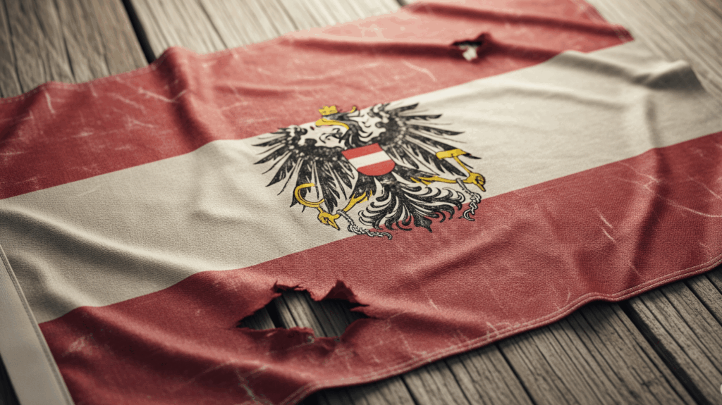 tattered Austrian flag on a wood floor