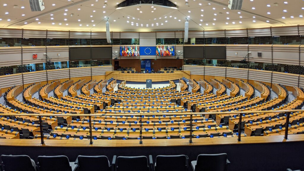 The plenary hall of the European Parliament building in Brussels
