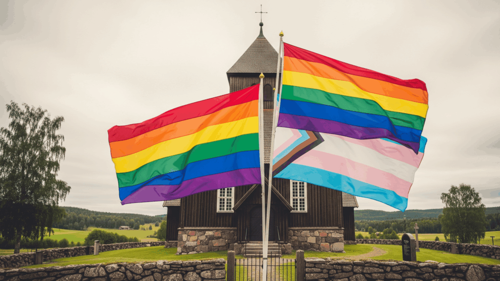 Old country church with LBGT and trans flags in front