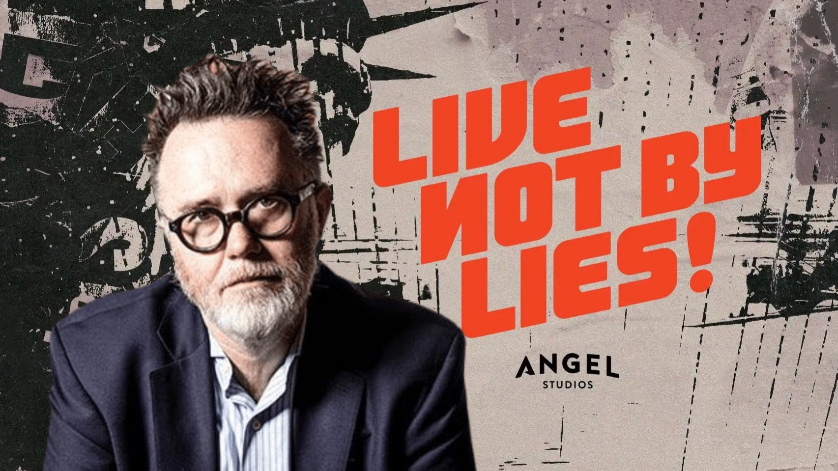 Rod Dreher in front of poster for film Live Not by Lies