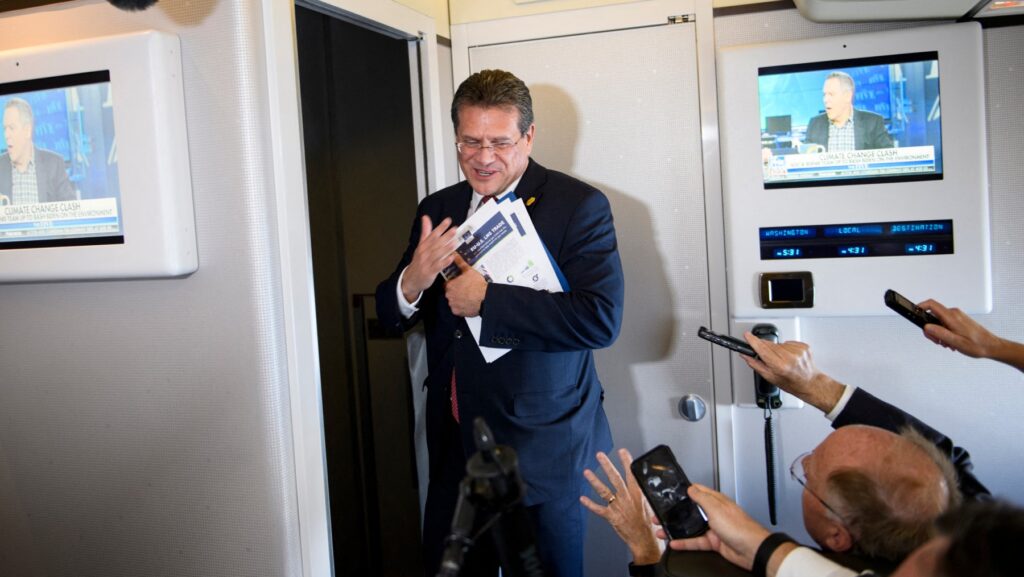 Maroš Šefčovič speaking to reporters on board Air Force One in 2019