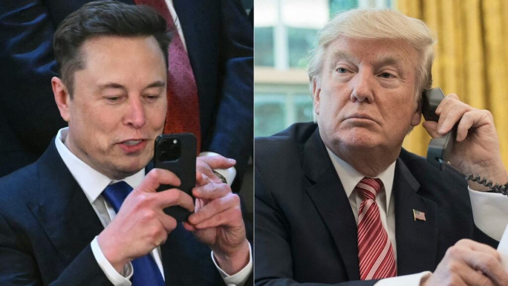 Combo picture: Musk taking picture with phone and Trump waiting with phone at ear