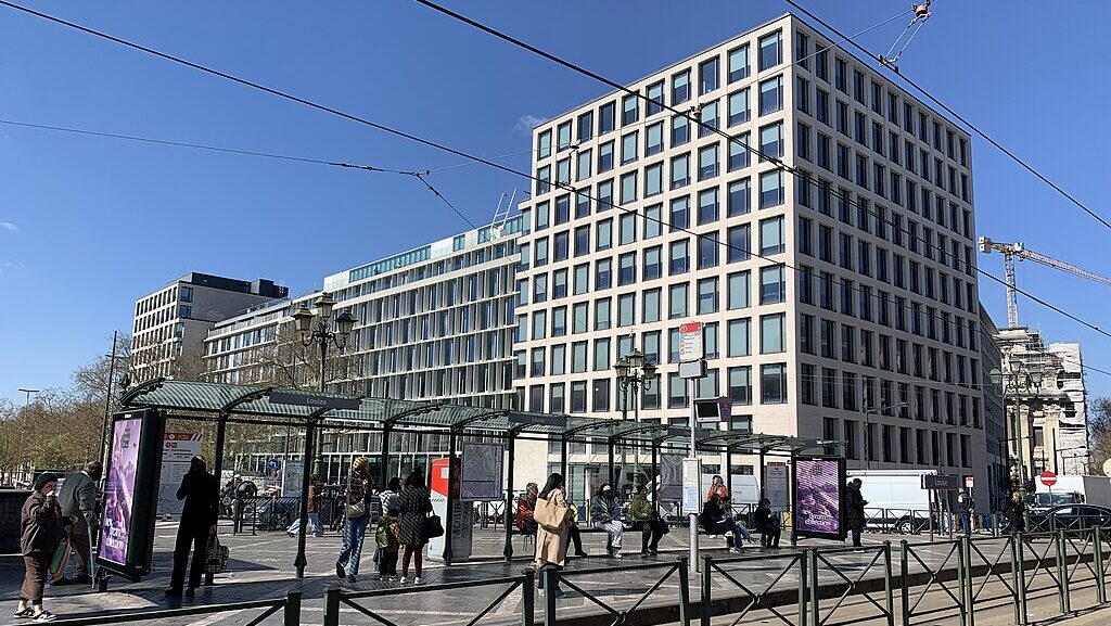 view of tram station and building on place Louise in Brussels