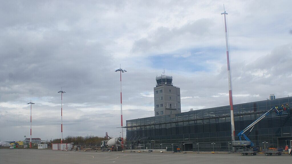 Airport with communication tower