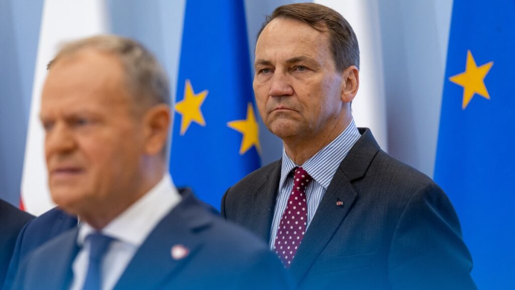 Tusk out of focus in foreground, Sikorski sharp in background and looking quite stern