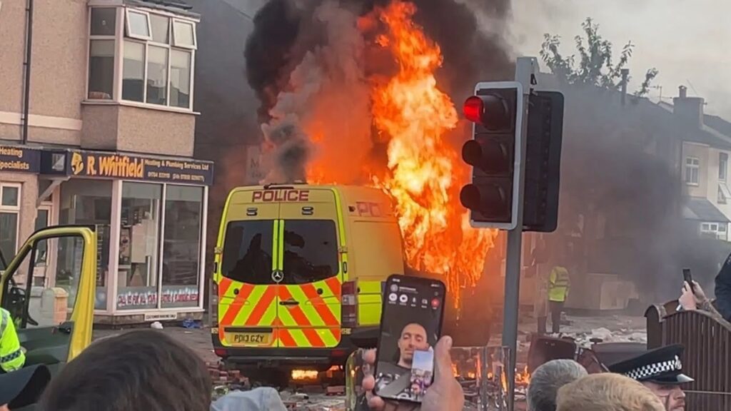 police car set on fire during Southport riots