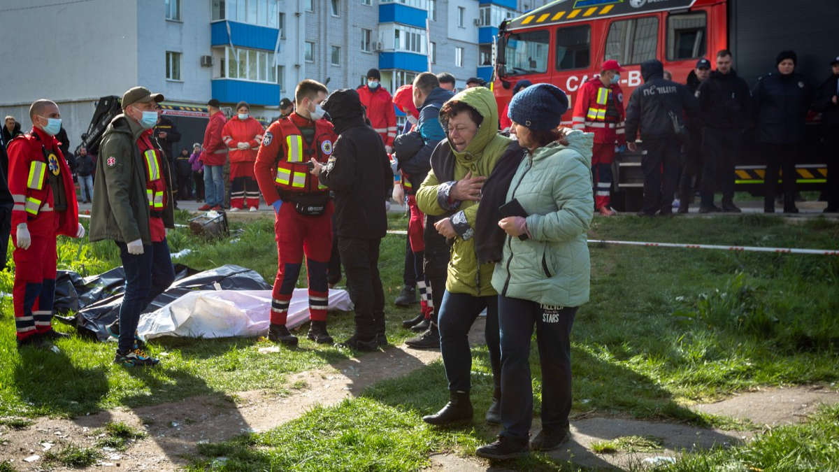 Uman in the Cherkasy region of Ukraine after being hit by a Russian missile on April 28, 2023
