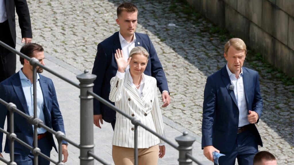 Alice Weidel arrives at the venue of her live interview with public broadcaster ARD on July 20, 2025.