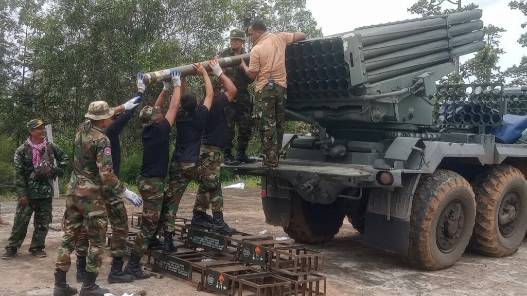 Cambodian soldiers reload a BM-21 multiple rocket launcher in Preah Vihear province on July 24, 2025.