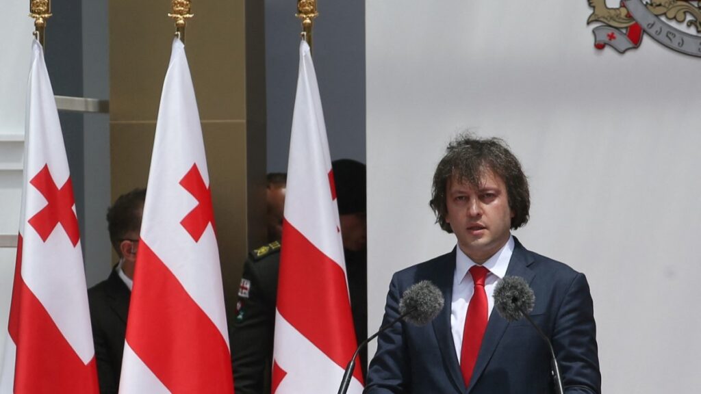 Georgia's Prime Minister Irakli Kobakhidze delivers a speech during the Independence Day celebrations in Tbilisi on May 26, 2025.