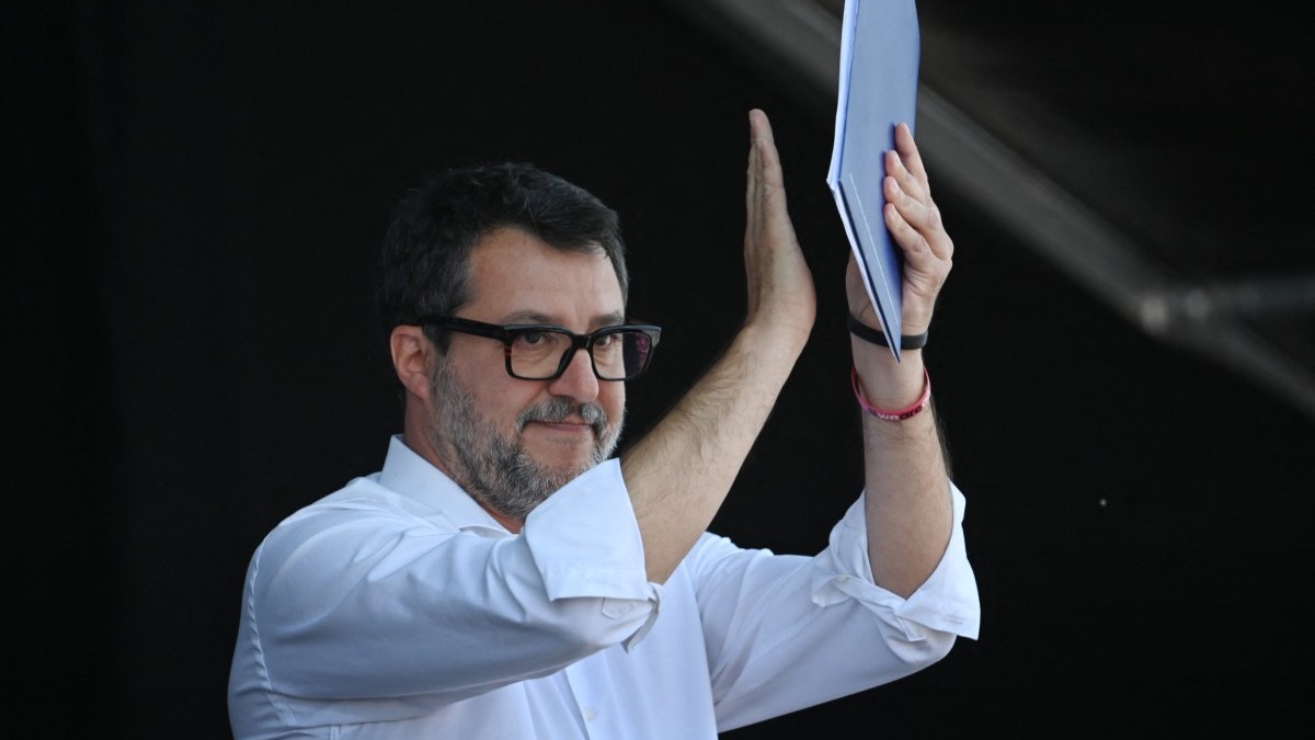 Italy’s Deputy Prime Minister and Minister of Infrastructure and Transport Matteo Salvini on stage at a Patriots for Europe meeting in Mormant-sur-Vernisson, on June 9, 2025.