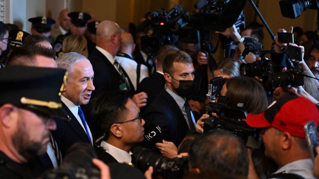 Israeli Prime Minister Benjamin Netanyahu speaks to the press as he arrives for a meeting with lawmakers at the U.S. Capitol in Washington, D.C. on July 9, 2025.