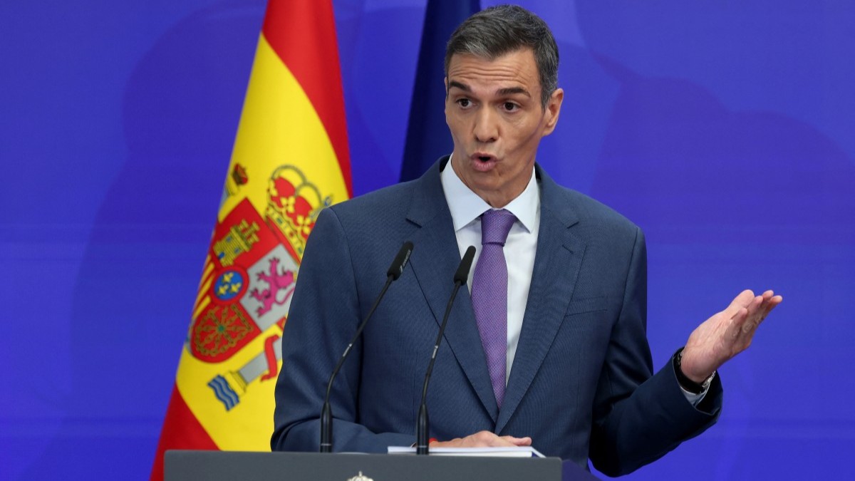 Spain’s Prime Minister Pedro Sánchez speaks at a biannual press conference at La Moncloa Palace in Madrid on July 28, 2025.