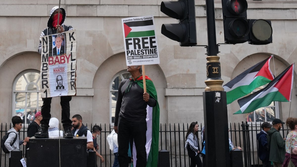 Pro-Palestinian supporters on Downing Street in central London, on July 19, 2025, as they take part in a 'National March for Palestine' organised by the Palestine Solidarity Campaign.